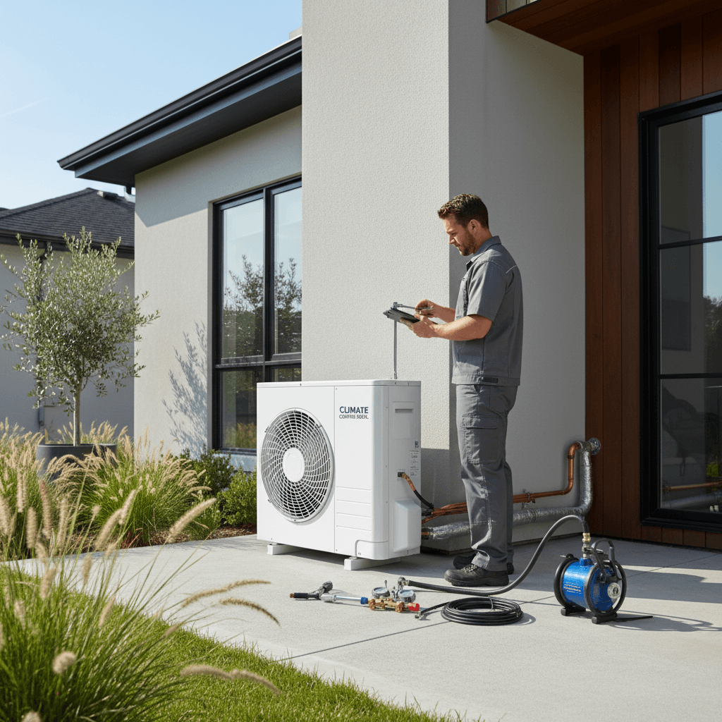 Professional HVAC technician installing AC system
